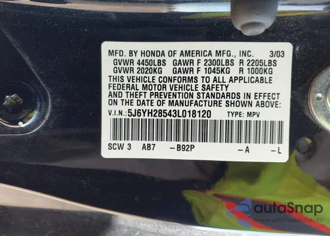 2003 Honda Element Ex из США, поврежденный, VIN 5J6YH28543L018120